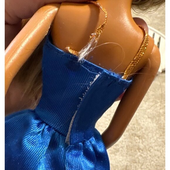1999 Mattel Barbie Doll With Blonde Hair Blue Satin Dress Gold Belt Face Paint - Picture 8 of 9